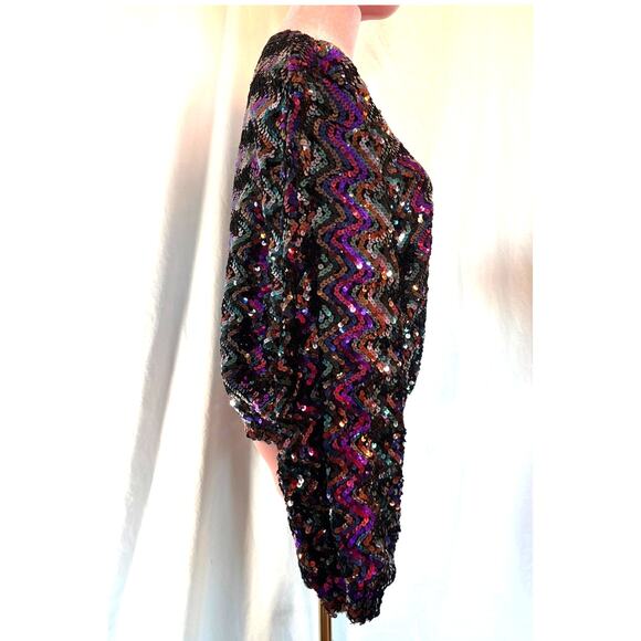 Vintage 80's Toppettes Full Sequined Pullover V-Neck Top Zig-Zag Pattern S - Picture 4 of 8